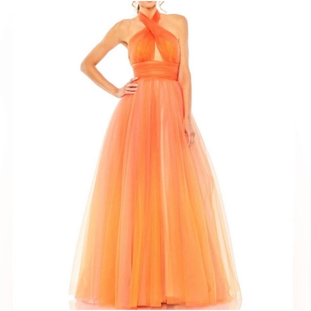 Mac Duggal 20554 Orange Tulle Halter Gown Formal Dress Size 8